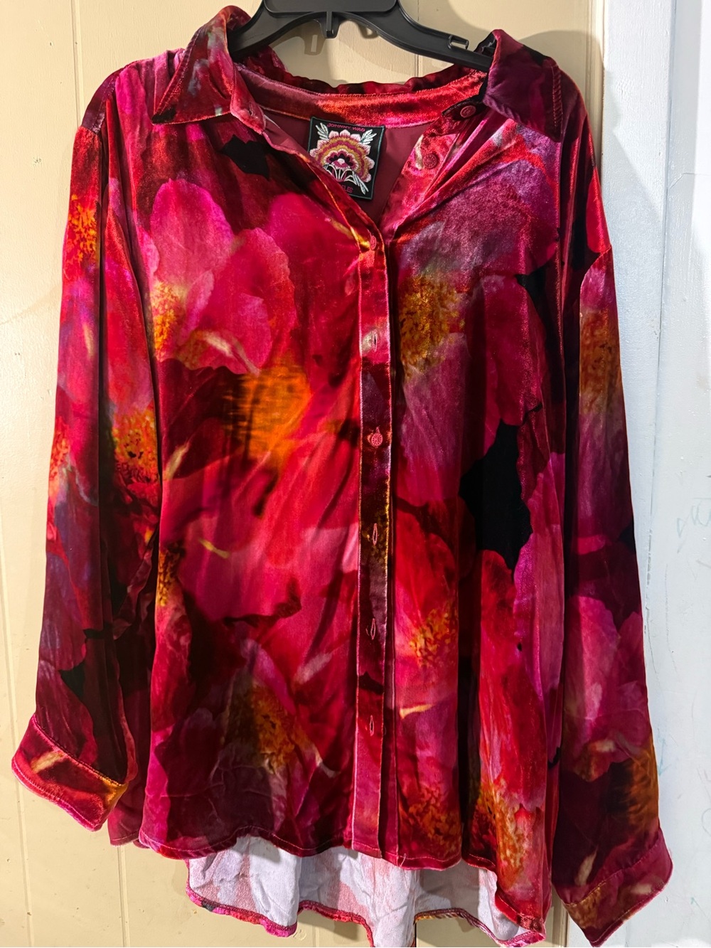Johnny Was Velvet Floral Button-Down Shirt in Magenta and Red